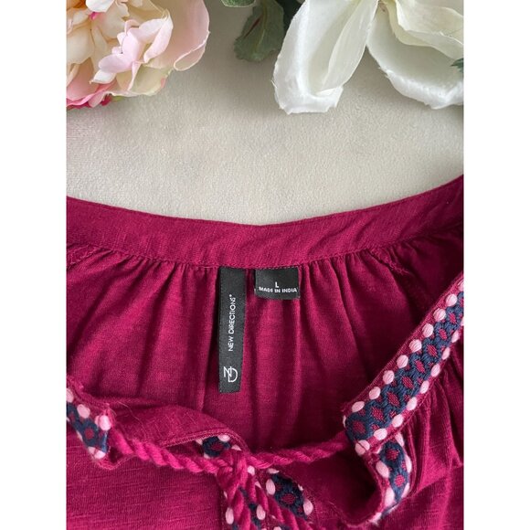 New Directions Boho Embroidered Peasant Blouse Tassel Tie Bohemian Hippie Large - Picture 10 of 11